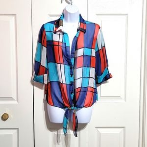 A'GACI Blue Blouse Top Shirt Sheer Colorblock Checkered Abstract White B…